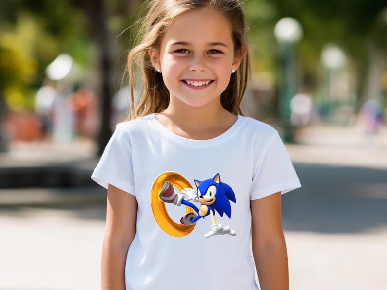 May include: White t-shirt featuring a graphic of Sonic the Hedgehog, a blue anthropomorphic hedgehog, leaping through a golden ring. The design is on a white t-shirt.