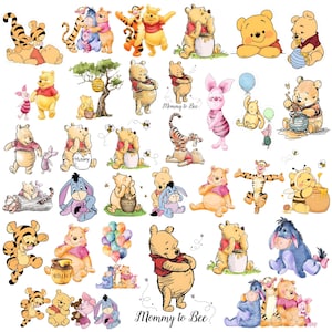 May include: A selection of colourful illustrations featuring Winnie the Pooh and friends. The images include Pooh, Tigger, Piglet, Eeyore, and other characters in various poses. The phrase "Mommy to Bee" is also present.