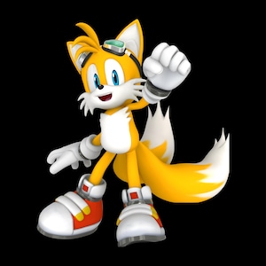May include: A digital illustration of Tails, a yellow fox with two tails, wearing white gloves, red and white shoes, and green goggles. The character is in a dynamic pose with one fist clenched and raised, set against a black background.