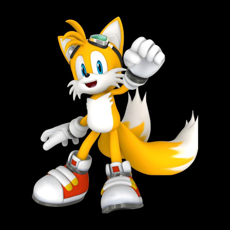 May include: A digital illustration of Tails, a yellow fox with two tails, wearing white gloves, red and white shoes, and green goggles. The character is in a dynamic pose with one fist clenched and raised, set against a black background.