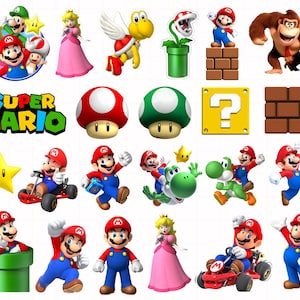 Könnte beinhalten: Eine Sammlung farbenfroher Super Mario Bros. Charakter-Ausschnitte, darunter Mario, Luigi, Prinzessin Peach, Yoshi und Donkey Kong. Das Bild zeigt auch ikonische Elemente wie Pilze, Fragezeichenblöcke und Backsteinblöcke, alles vor einem weißen Hintergrund.