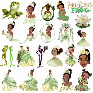 May include: A collection of digital illustrations featuring characters from The Princess and the Frog, including Tiana in various green gowns, a frog, a prince, a villain with a top hat, a baby, and a white lotus flower on a grid background.