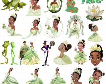 May include: A collection of digital illustrations featuring characters from The Princess and the Frog, including Tiana in various green gowns, a frog, a prince, a villain with a top hat, a baby, and a white lotus flower on a grid background.