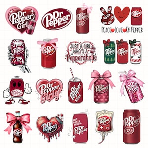 以下が含まれることがあります： Dr. Pepperをテーマにしたデジタルステッカーのコレクション。様々なソーダ缶、ハート、リボンが描かれています。デザインには「Dr. Pepper Girl」、「Peace Love Dr. Pepper」、「Just a Girl Who's a Pepperaholic」などのテキストが含まれています。