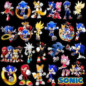 May include: A collection of various Sonic the Hedgehog character figurines, including Sonic, Tails, Amy Rose, and Knuckles, in dynamic poses. The characters are set against a black background, with vibrant colors and detailed designs.