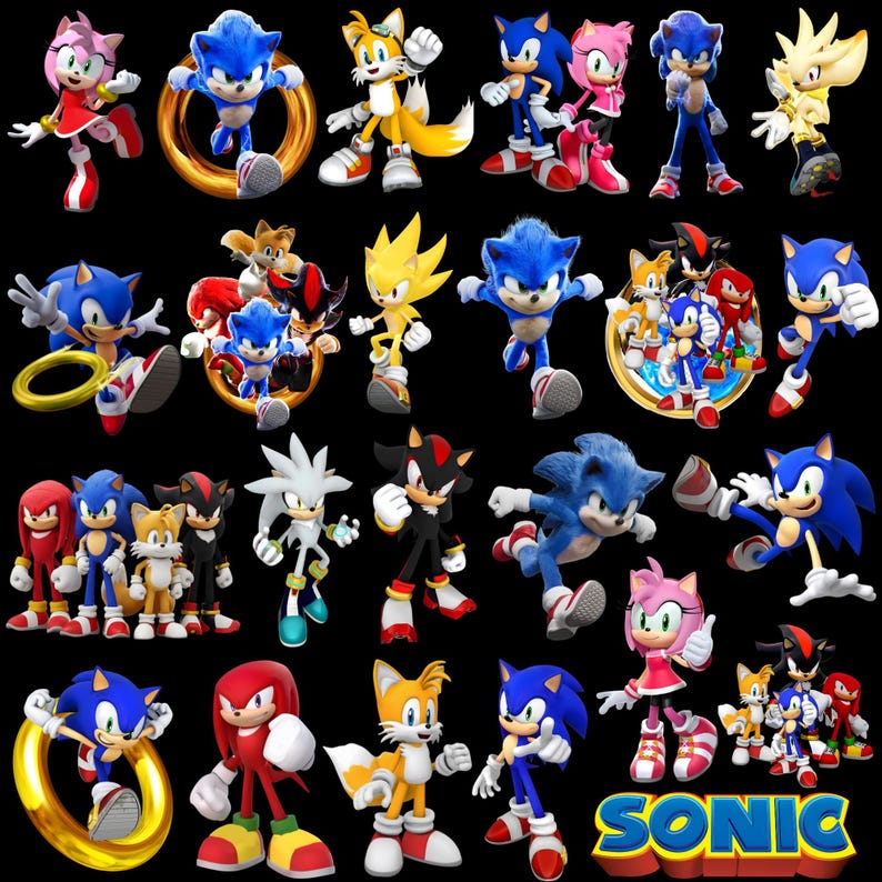 May include: A collection of various Sonic the Hedgehog character figurines, including Sonic, Tails, Amy Rose, and Knuckles, in dynamic poses. The characters are set against a black background, with vibrant colors and detailed designs.