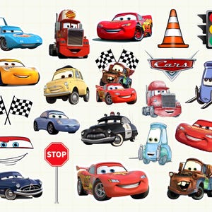 Puede incluir: Una colección de pegatinas de coches de dibujos animados coloridos con personajes de la película Cars. Incluye coches de carreras, camiones, un cono de tráfico, una señal de stop y un semáforo. Las pegatinas son de varios colores.