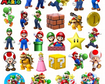 May include: A collection of Super Mario character stickers including Mario, Luigi, Princess Peach, Toad, Yoshi, and Bowser, along with game elements like gold coins, question blocks, brick blocks, and a star, with text reading Super Mario and Happy Birthday.