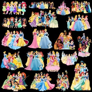 May include: A collage of illustrations featuring numerous Disney princesses in their signature dresses. The images showcase characters such as Ariel, Snow White, and Cinderella, set against a black backdrop.