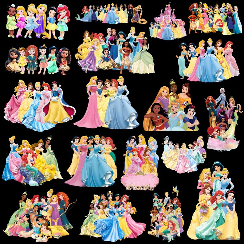 May include: A collage of illustrations featuring numerous Disney princesses in their signature dresses. The images showcase characters such as Ariel, Snow White, and Cinderella, set against a black backdrop.