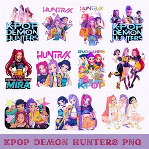 May include: A collection of colorful K-Pop-themed PNG graphics featuring stylized illustrations of anime-style characters. The designs include text that reads "KPOP DEMON HUNTERS," "HUNTRAX," and "MIRA."