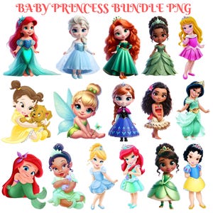 Peut inclure: Une collection de personnages de princesses de dessins animés, chacun dans une pose et une tenue uniques. Les princesses sont représentées avec différents tons de peau, couleurs de cheveux et robes. Le texte "BABY PRINCESS BUNDLE PNG" est en haut de l'image.