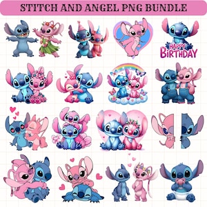 May include: A collection of colorful PNG images featuring the characters Stitch and Angel from the animated movie. The images include various poses, such as hugging, holding hands, and celebrating a birthday. The text "STITCH AND ANGEL PNG BUNDLE" is at the top.