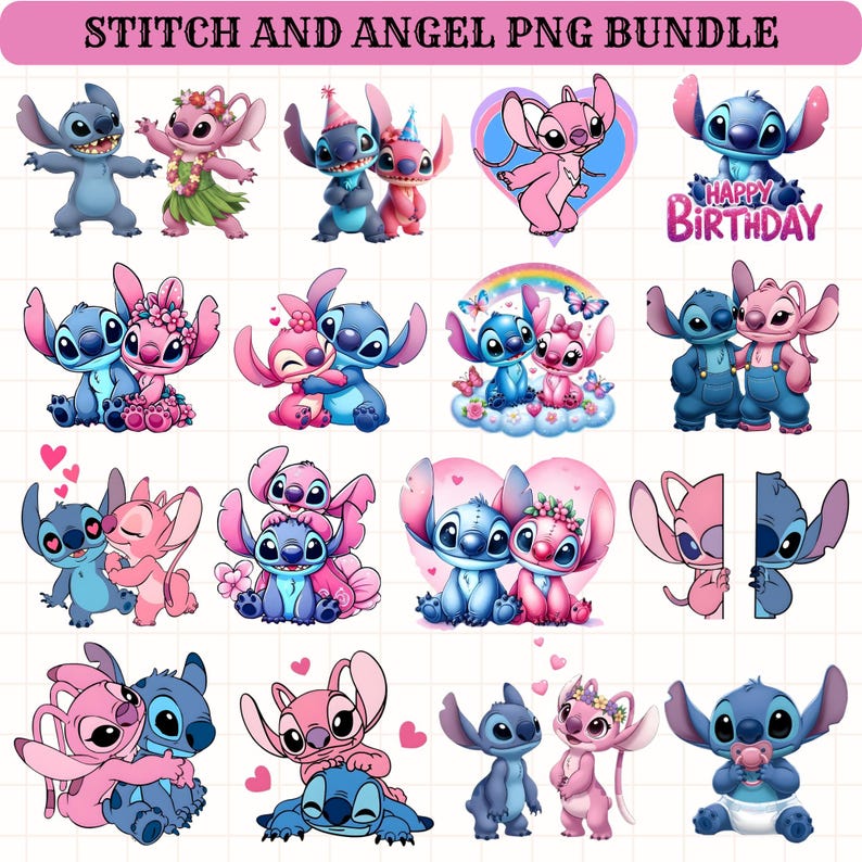 May include: A selection of colourful PNG images featuring the characters Stitch and Angel. The images show various poses, including hugging, holding hands, and celebrating a birthday. The text "STITCH AND ANGEL PNG BUNDLE" is at the top.