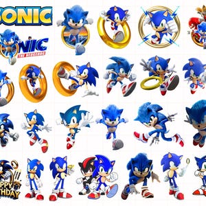 Może przedstawiać: Kolekcja obrazów niebieskiego bohatera Sonic the Hedgehog w różnych pozach, niektóre ze złotymi pierścieniami. Słowo "SONIC" jest w kolorze żółtym i niebieskim, a także widoczny jest napis "THE HEDGEHOG". Niektóre obrazy zawierają inne postacie i słowa "HAPPY BIRTHDAY".