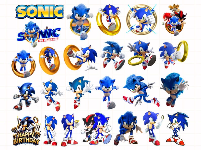 May include: A collection of blue Sonic the Hedgehog character images in various poses, some with golden rings. The word "SONIC" is in yellow and blue, and the phrase "THE HEDGEHOG" is also visible. Some images include other characters and the words "HAPPY BIRTHDAY".