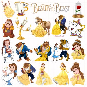 May include: A collection of illustrations featuring characters from Disney's "Beauty and the Beast." The images include Belle in her yellow ball gown, the Beast, and other iconic characters like Lumiere, Cogsworth, and Mrs. Potts. The title "Beauty and the Beast" is also displayed.