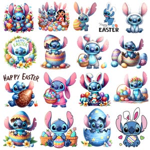 Könnte beinhalten: Eine Sammlung farbenfroher Illustrationen mit der Figur Stitch aus Lilo & Stitch, die Ostern feiern. Stitch wird mit Ostereiern, in Hasenohren und in verschiedenen Ostermotiven dargestellt. Der Satz "Happy Easter" ist ebenfalls vorhanden.