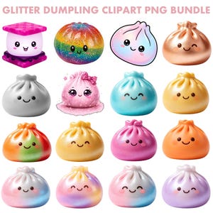May include: A digital collection of dumpling clipart images titled GLITTER DUMPLING CLIPART PNG BUNDLE. The set features various round, smiling dumpling characters in diverse colours, including rainbow glitter, metallic gold, pink, blue, and purple.