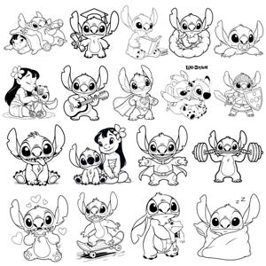 Può includere: Illustrazioni in bianco e nero di Stitch in varie pose. Stitch è raffigurato con un cappello di laurea, che legge un libro, suona la chitarra e vestito da Superman. L'immagine include Lilo e Stitch.