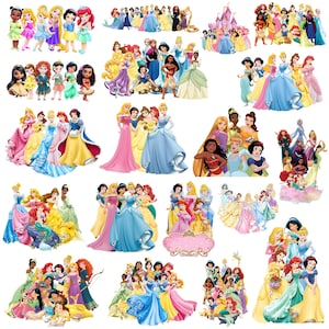 Puede incluir: Una colección de ilustraciones coloridas con varias princesas de Disney en sus icónicos vestidos. Las imágenes muestran una variedad de princesas, cada una con su atuendo característico, con un enfoque en colores vibrantes y diseños detallados.