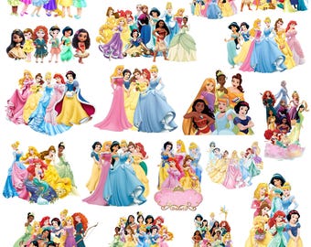 Pacchetto clipart PNG principesse, clipart sublimazione cartoni animati PNG principesse, pacchetto clip a tema compleanno tutte principesse collezione PNG belle