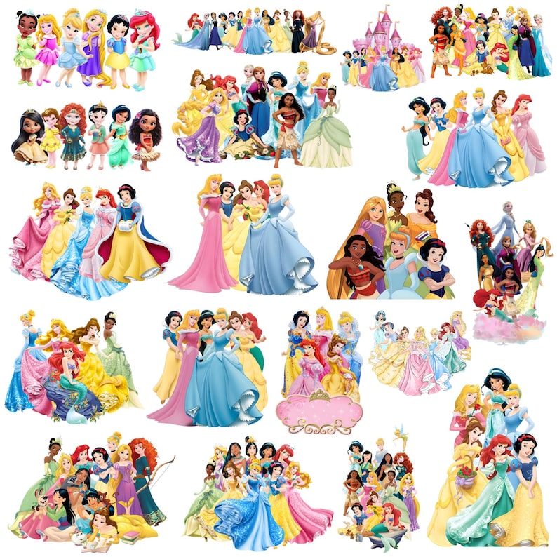 May include: A collage of illustrations depicting Disney princesses in their classic dresses. The images feature a diverse range of princesses, each in their distinctive outfits, with an emphasis on bright colours and intricate details.