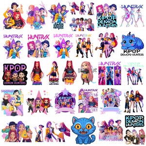 Może przedstawiać: Kolekcja kolorowych naklejek i ilustracji w tematyce K-Pop. Projekty przedstawiają stylizowane postacie żeńskie, tekst "HUNTRAX" i "KPOP DEMON HUNTERS". Niektóre naklejki zawierają imiona "MIRA", "RUMI" i "ZOEY".