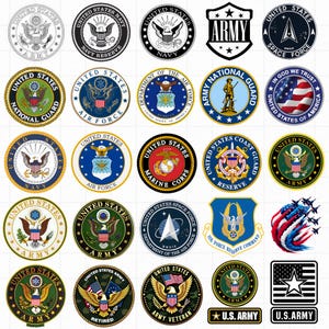 May include: A collection of United States military and government insignia, including emblems for the Army, Navy, Air Force, Marine Corps, and Space Force. The designs feature eagles, stars, and patriotic colors.