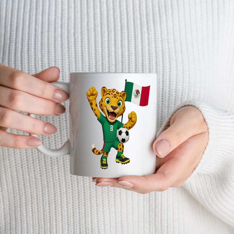 May include: A white ceramic mug featuring a cartoon jaguar wearing a green soccer jersey with the number 8, holding a soccer ball, and standing next to a waving Mexican flag. The design is centered on the mug, showcasing vibrant colors.