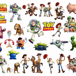 Peut inclure: Une collection d'images de personnages de Toy Story, dont Buzz l'Éclair, Woody, Jessie, et d'autres. Les images sont colorées et présentent les personnages dans diverses poses, avec le logo Toy Story et la phrase "Two Infinity and Beyond".