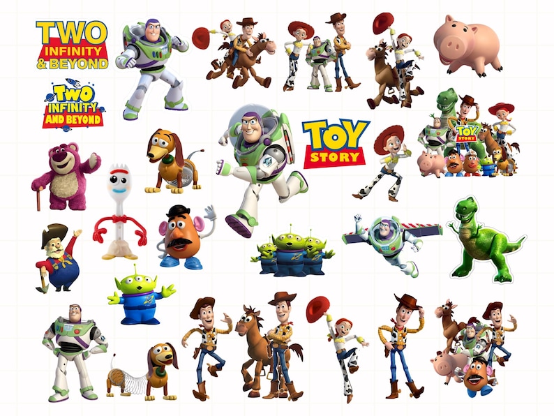 May include: A collection of Toy Story character images, including Buzz Lightyear, Woody, Jessie, and others. The images are colorful and feature the characters in various poses, with the Toy Story logo and the phrase "Two Infinity and Beyond".