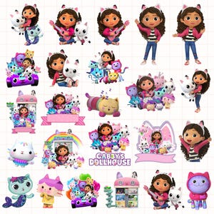 Puede incluir: Una colección de imágenes coloridas de los personajes de Gabby's Dollhouse. Las imágenes incluyen a Gabby, varios personajes de gatos y escenas del programa. Algunas imágenes presentan el texto "Gabby's Dollhouse".