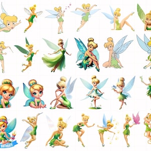 May include: A collection of cartoon illustrations of a fairy with blonde hair, green dress, and translucent wings. The fairy is depicted in various poses, some with a happy birthday banner.
