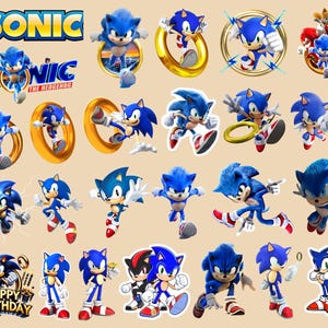 May include: A collection of colorful Sonic the Hedgehog character stickers in various poses, including running, jumping, and holding golden rings. The stickers feature the text "SONIC" and "HAPPY BIRTHDAY".