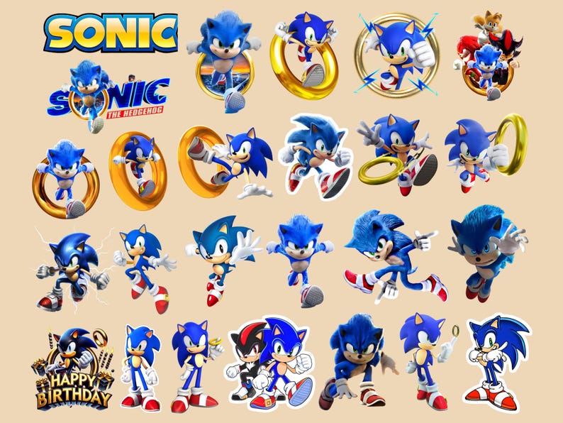 May include: A collection of colorful Sonic the Hedgehog character stickers in various poses, including running, jumping, and holding golden rings. The stickers feature the text "SONIC" and "HAPPY BIRTHDAY".