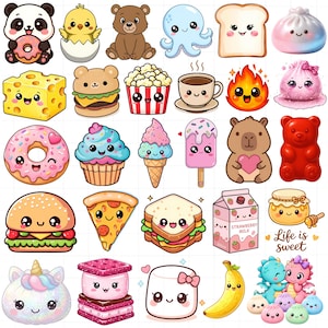 以下が含まれることがあります： パンダ、卵の中のひよこ、クマ、タコ、パン、餃子、チーズ、ハンバーガー、ポップコーン、コーヒー、炎、ピンクのポーチ、ドーナツ、カップケーキ、アイスクリーム、アイスキャンディー、カピバラ、グミベア、ハンバーガー、ピザ、サンドイッチ、いちごミルク、蜂蜜、ユニコーン、スモア、マシュマロ、バナナ、ドラゴンなど、かわいい擬人化キャラクターや食べ物が描かれた30枚のカラフルなステッカーコレクション。Life is sweetという文字が添えられています。