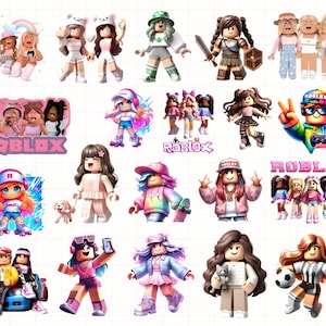 Puede incluir: Una colección de ilustraciones coloridas de personajes de Roblox. Las imágenes presentan varios avatares con diferentes atuendos y accesorios, incluyendo sombreros, patines y mascotas. Algunas imágenes incluyen el logotipo de Roblox.