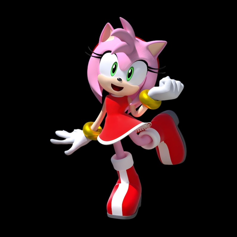 May include: A 3D rendered image of Amy Rose, a character from the Sonic the Hedgehog franchise. Amy is depicted with pink fur, green eyes, and a red dress. She wears white gloves, red and white shoes, and gold bracelets. The background is black.