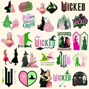 May include: A collection of colorful stickers featuring imagery and text from the musical "Wicked." Designs include witch silhouettes, the show's logo, and phrases like "Pink Goes Good With Green."
