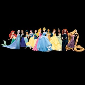 May include: A group of animated Disney princesses in their signature dresses. Ariel, Elsa, Snow White, Cinderella, and others are depicted, displaying a range of colours and styles against a black backdrop.