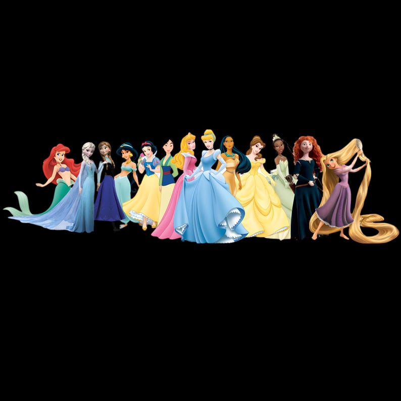 May include: A group of animated Disney princesses in their signature dresses. Ariel, Elsa, Snow White, Cinderella, and others are depicted, displaying a range of colours and styles against a black backdrop.