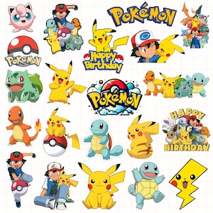 May include: A collection of colorful Pokemon character stickers, including Pikachu, Bulbasaur, Charmander, and Squirtle. Some stickers feature the Pokemon logo and the text "Happy Birthday."