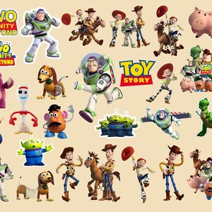 May include: A collection of colorful stickers featuring characters from the animated film "Toy Story." The stickers include Buzz Lightyear, Woody, Jessie, and other characters. The phrase "Two Infinity and Beyond" is also visible.