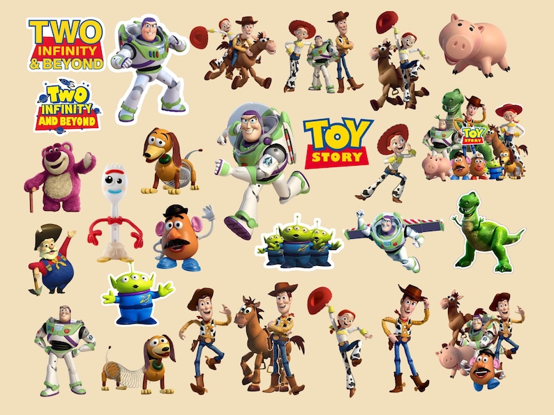 May include: A collection of colorful stickers featuring characters from the animated film "Toy Story." The stickers include Buzz Lightyear, Woody, Jessie, and other characters. The phrase "Two Infinity and Beyond" is also visible.