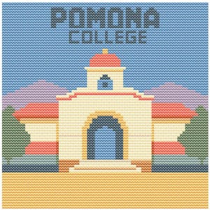 May include: A cross-stitch depiction of a building with a red roof and blue door, set against a blue sky and purple mountains. The text "POMONA COLLEGE" is stitched at the top.