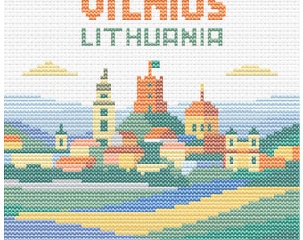 City Vilnius Cross Stitch Pattern - 80x80 Lithuania Capital - Retro Pastel Travel Gift PDF