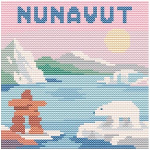 May include: Cross-stitch design featuring the word NUNAVUT in blue letters above a landscape. The scene includes a pink and blue sky, mountains, water, an Inuksuk, a polar bear, and a yellow sun. The design is a colorful depiction of the Canadian territory.