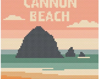 Haystack Rock Cross Stitch Pattern – 80x80 Oregon Coast Landmark – Retro Pastel Coastal Travel Stitch Chart