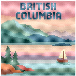 May include: A cross-stitch design depicting a landscape of British Columbia. The image shows mountains, a lake, and a sailboat under a sunset sky. The words "BRITISH COLUMBIA" are stitched across the top in blue.